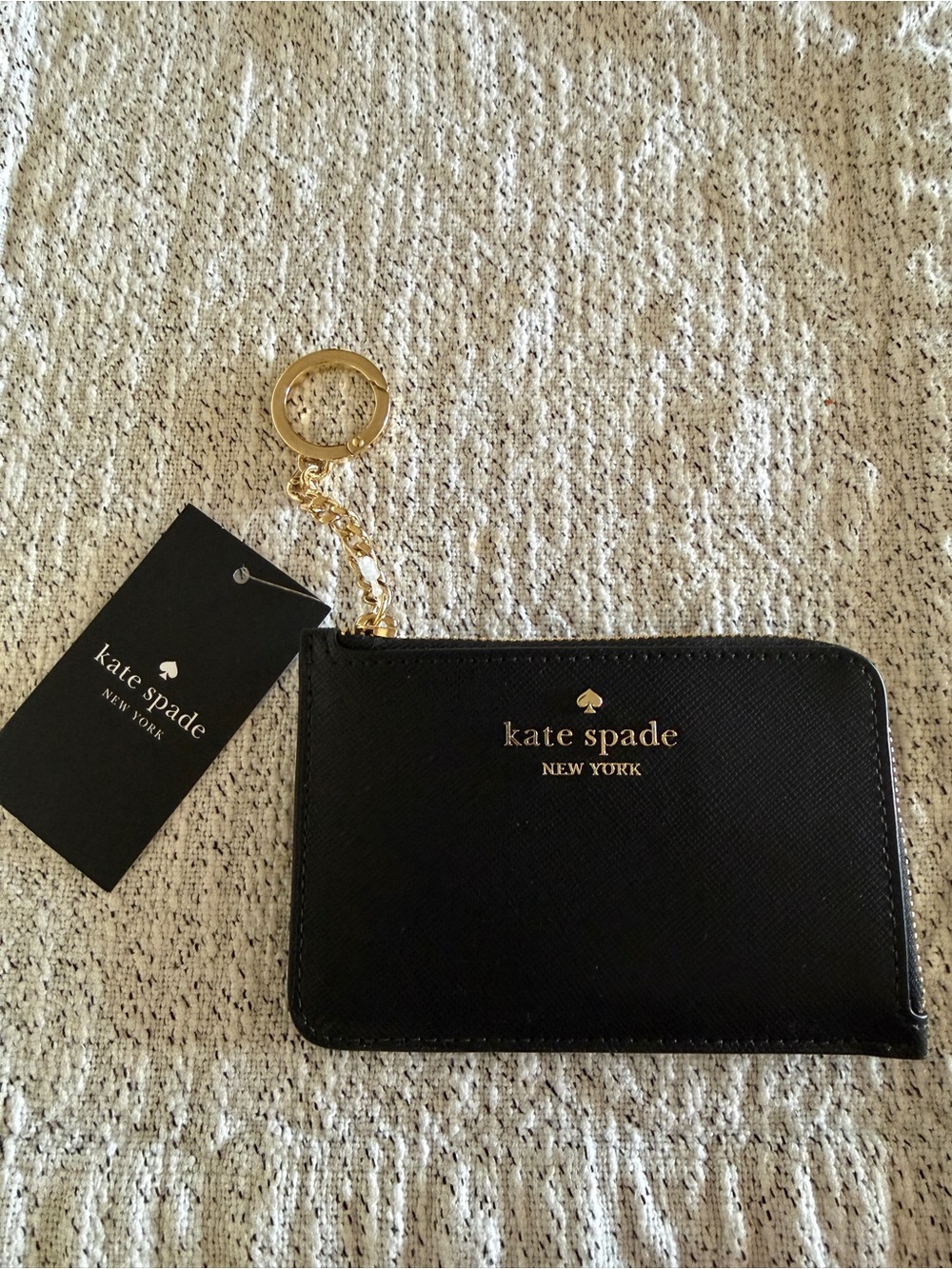Kate Spade Madison Black Saffiano Leather Zip Card Holder Wallet Keychain NWT